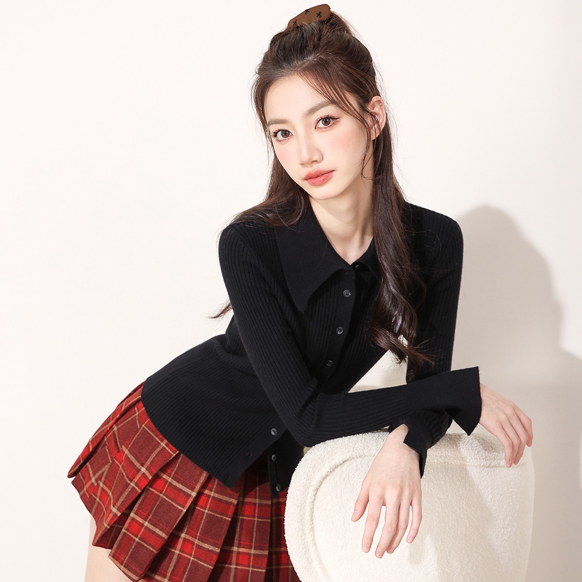 13841979.it CHOCOOLATE含羊毛开衫秋季休闲通勤翻领长袖针织衫女