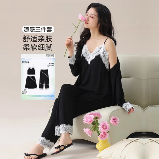 13843161.古今【爆！超值三件套焕新】纯欲风家居服女带胸垫吊带+开衫长袖+长裤套装