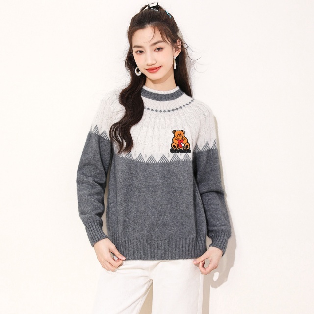 13841843.it ccaabb含羊毛针织衫女时尚拼色圆领长袖针织毛衣女