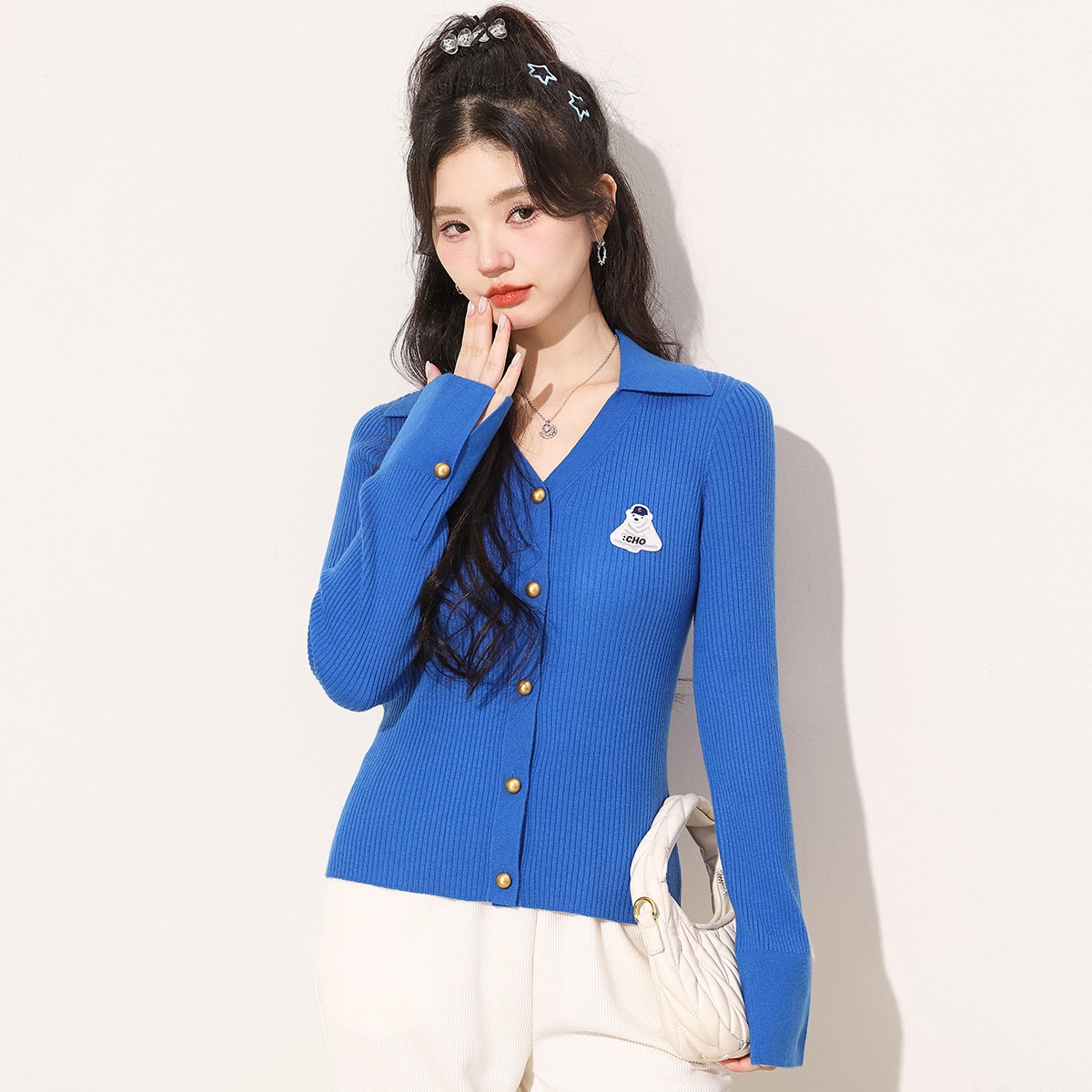 13841831.it CHOCOOLATE含羊毛翻领修身小开衫女秋季百搭长袖针织衫