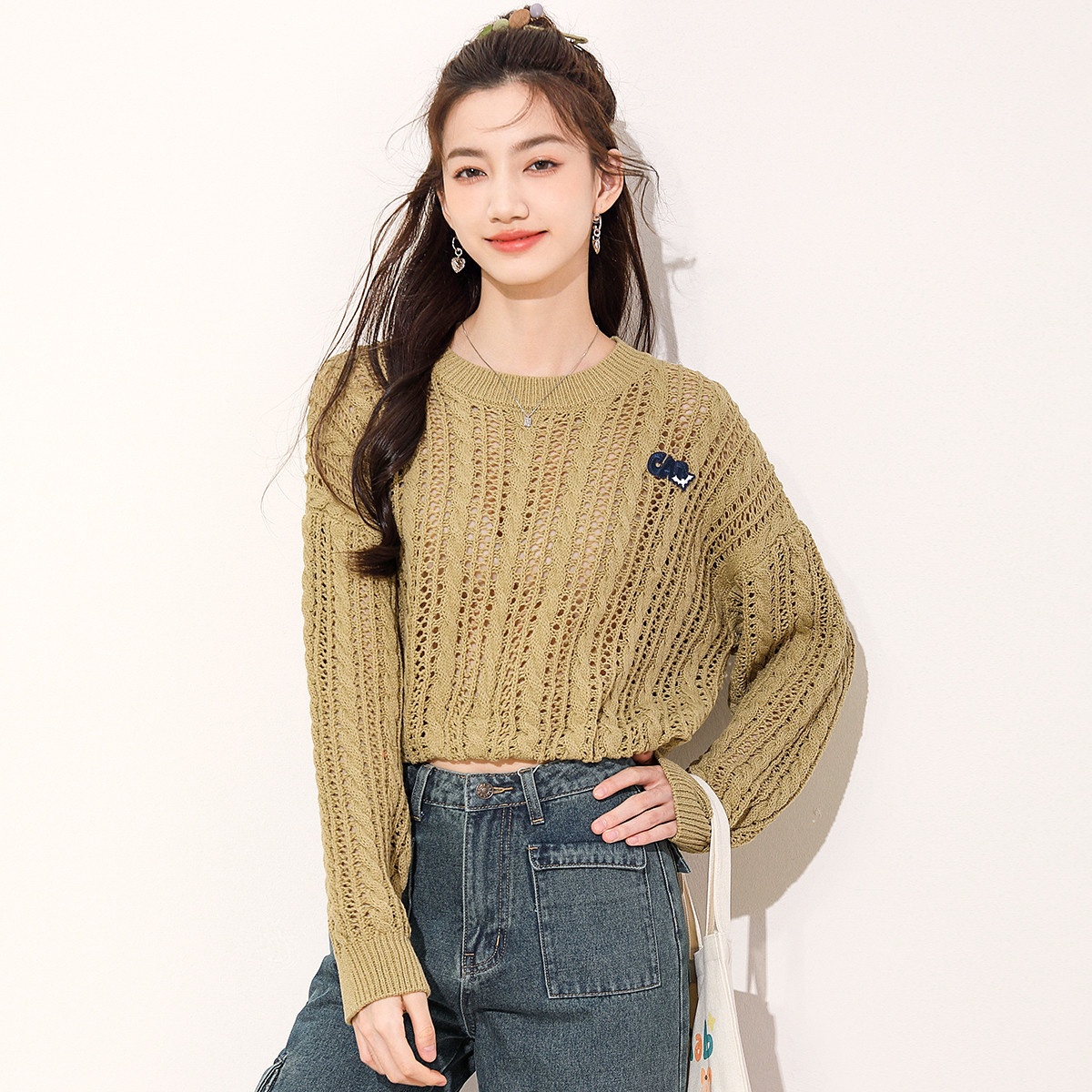 13841941.it ccaabb时尚镂空针织衫女秋季小个子短款长袖女士上衣