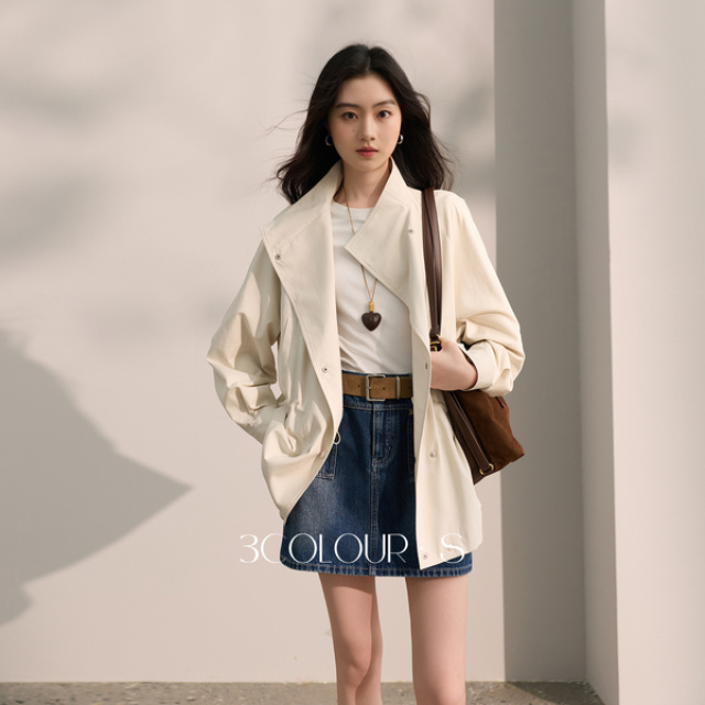 13757103.【莱赛尔棉】三彩2026秋季新款立领风衣外套双排扣中长通勤S