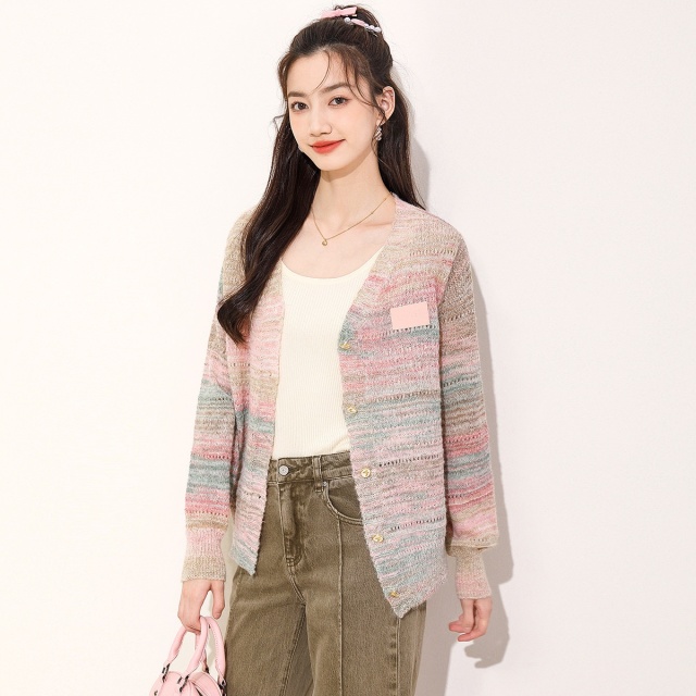 13841960.it ccaabb针织外套秋季时尚撞色v领长袖针织开衫毛衣女