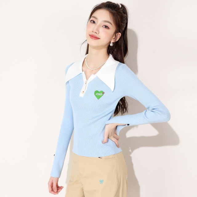 13841798.it CHOCOOLATE时尚撞色翻领针织衫女修身显瘦长袖毛衣女