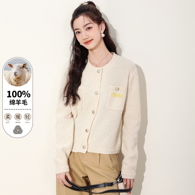 13848624.ccaabb秋季开衫圆领长袖针织开衫外套女纯绵羊毛