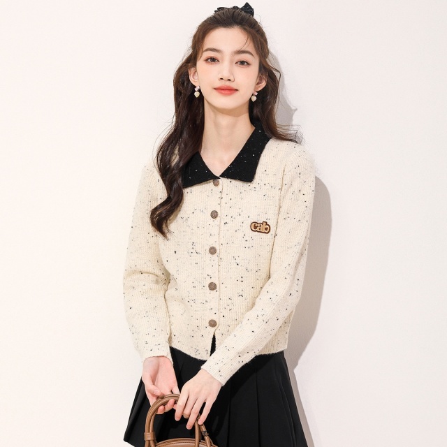 13848953.it ccaabb针织开衫女秋季撞色翻领休闲百搭毛衣外套女