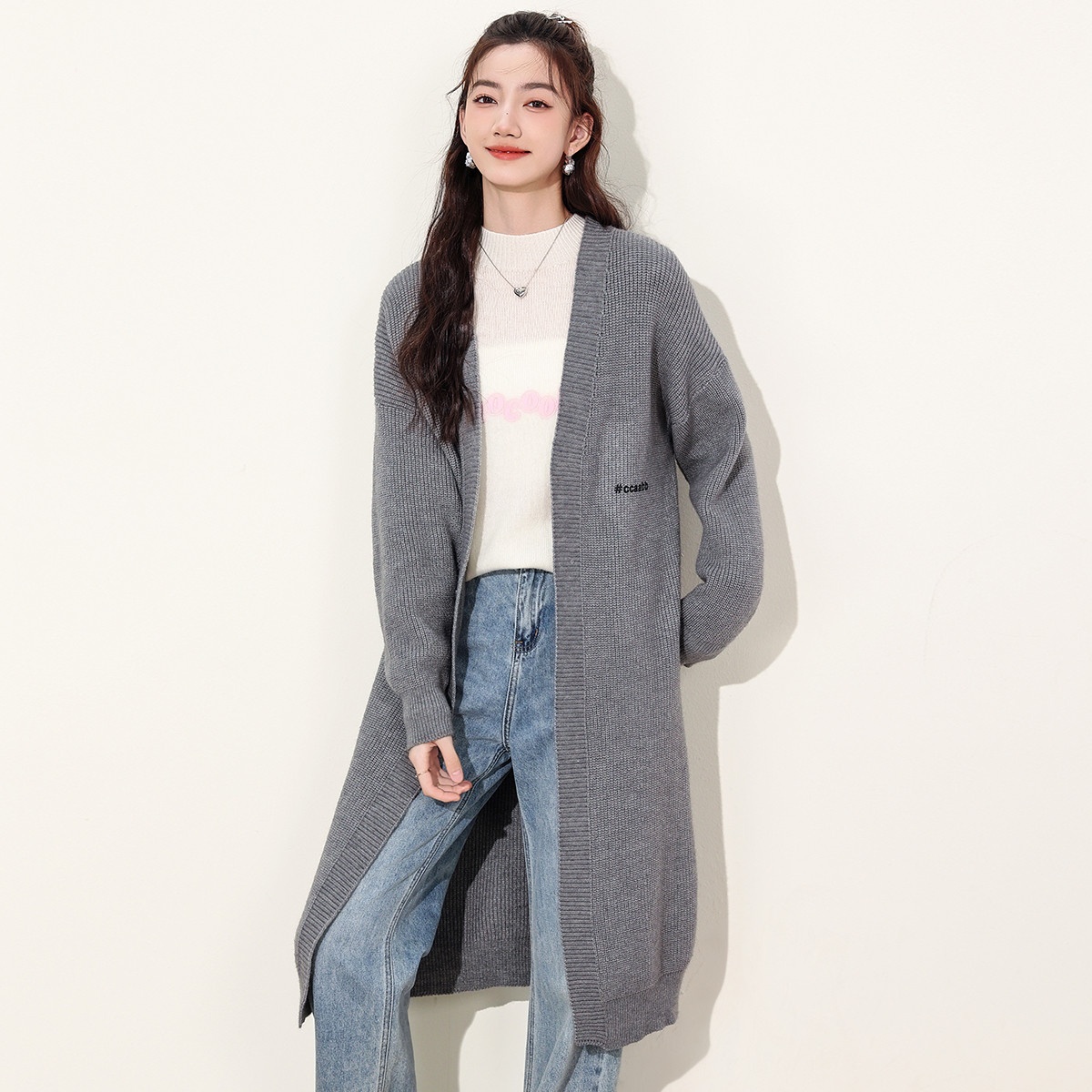 13848965.it ccaabb长款毛衣外套女秋季简约时尚长袖针织衫大衣女