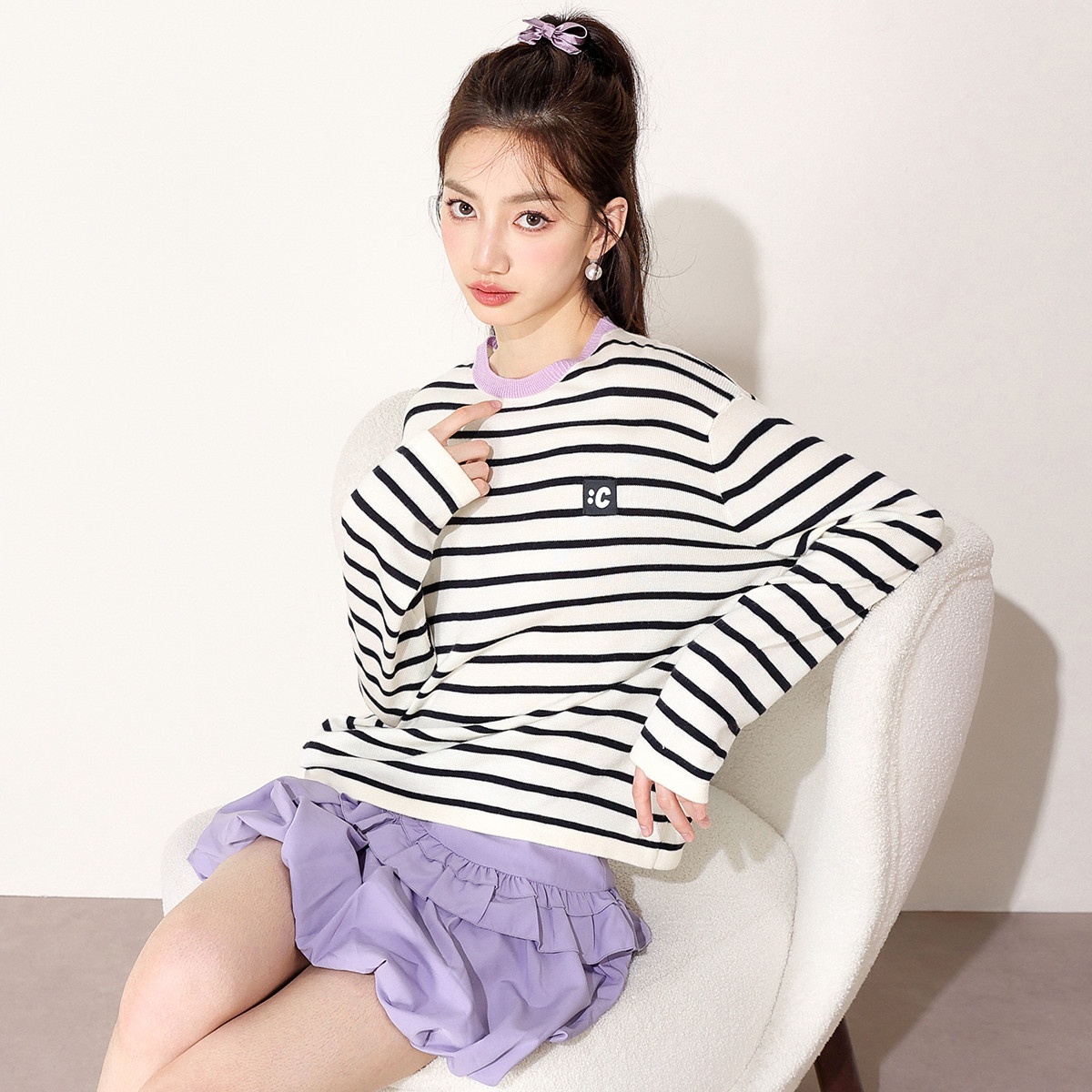 13848961.it CHOCOOLATE春秋时尚撞色领长袖百搭条纹针织衫女