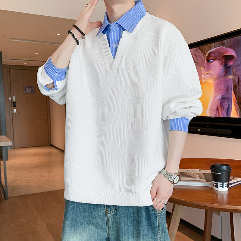 13848183.七玻威秋冬上新男式大码潮流学院风假两件翻领卫衣【七玻威男装1】