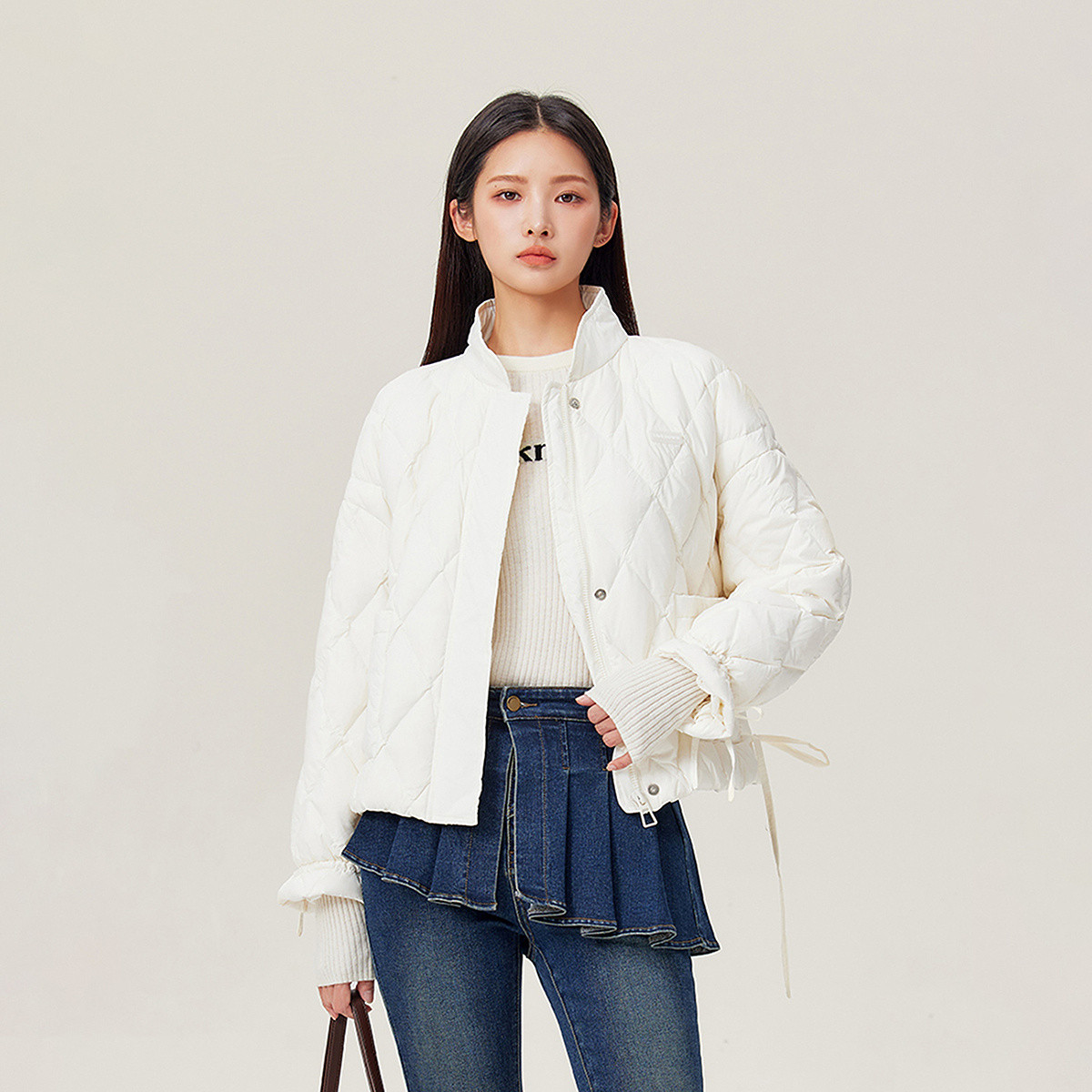 13850397.昂诺纯色羽绒服女年冬90鸭绒系带菱格绗缝外套