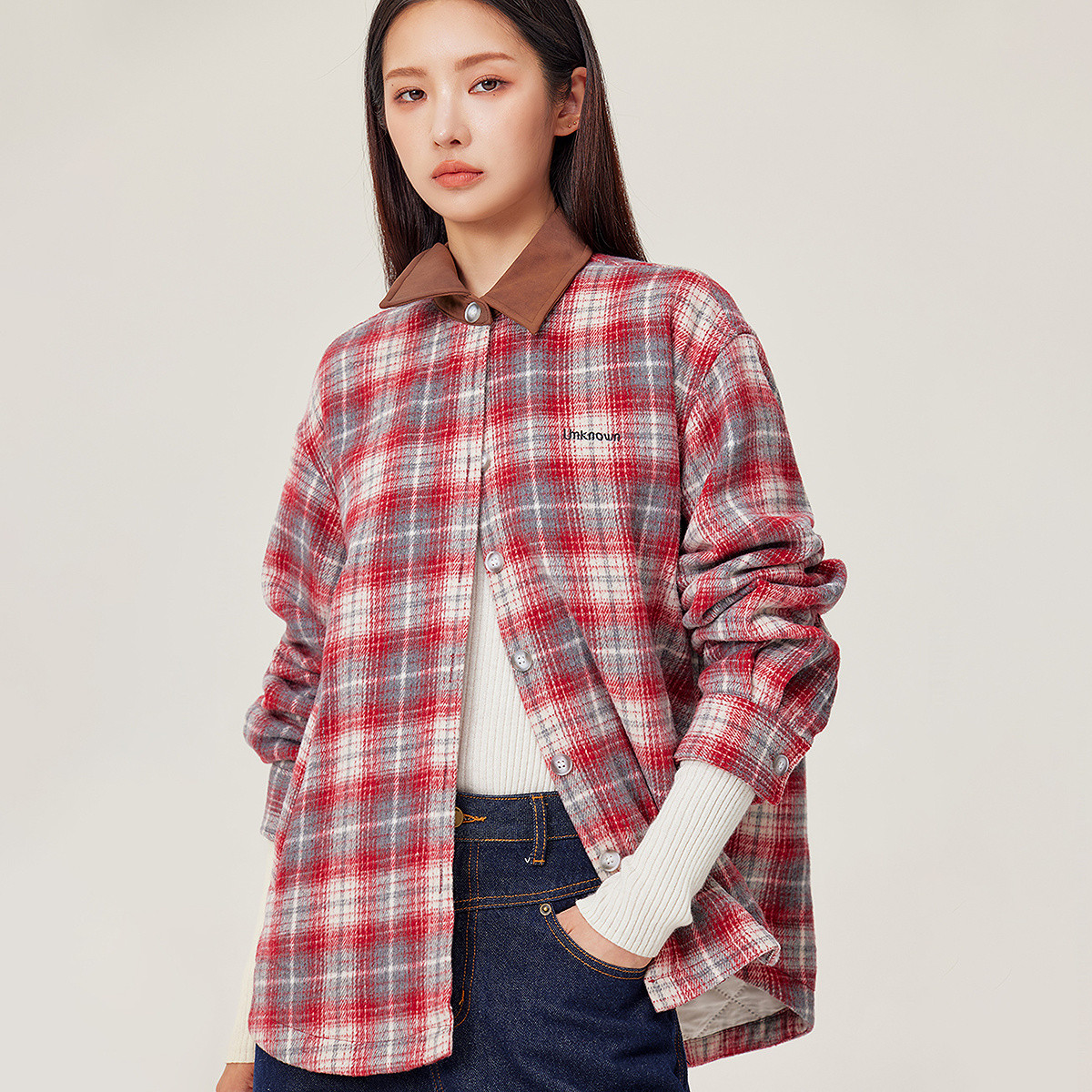 13850412.昂诺格子外套女年冬仿麂皮领拼接夹棉磨毛上衣