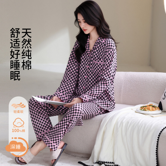 13858082.【经典甜美格纹 100%棉】格翻领开襟女士长袖家居服套装