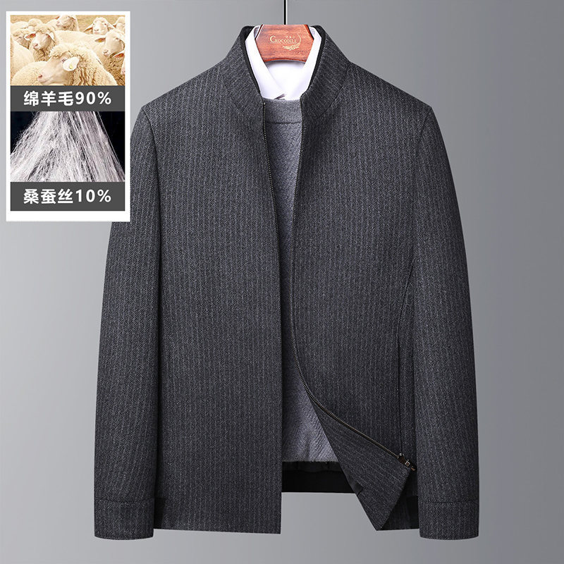 7193088.鳄鱼恤秋冬新品商务暗条纹含桑蚕丝立领羊毛呢茄克男外套