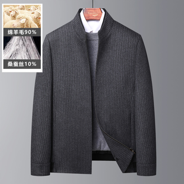 7193088.鳄鱼恤秋冬新品商务暗条纹含桑蚕丝立领羊毛呢茄克男外套
