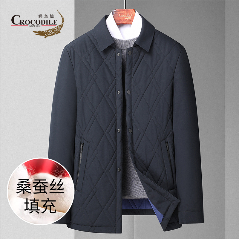 7193095.鳄鱼恤专柜款秋冬新品含桑蚕丝棉填充时尚菱形格衬衫款男式棉衣