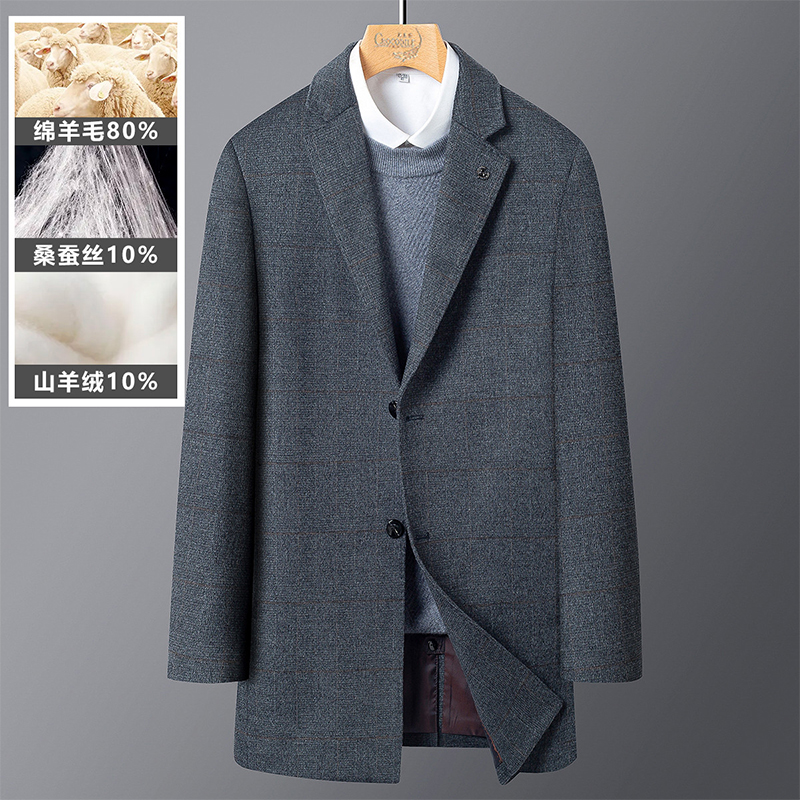 7193105.鳄鱼恤【羊绒+羊毛】秋冬商务暗格纹西服领中长款男式毛呢大衣男