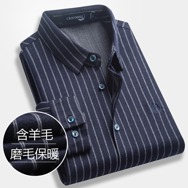 7193473.鳄鱼恤羊毛混纺秋冬新品竖格纹简洁百搭柔软舒适男式长袖衬衫男