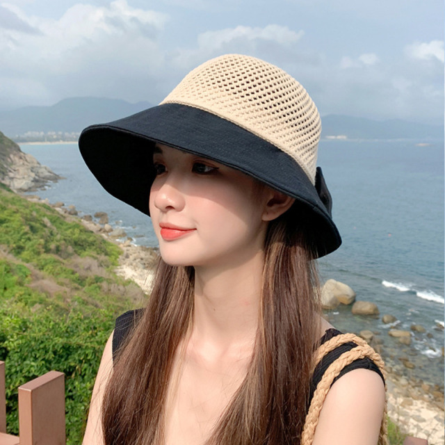 7348258.望远行 蝴蝶遮阳帽女夏天可折叠小沿网眼渔夫帽太阳帽镂空沙滩编织草帽