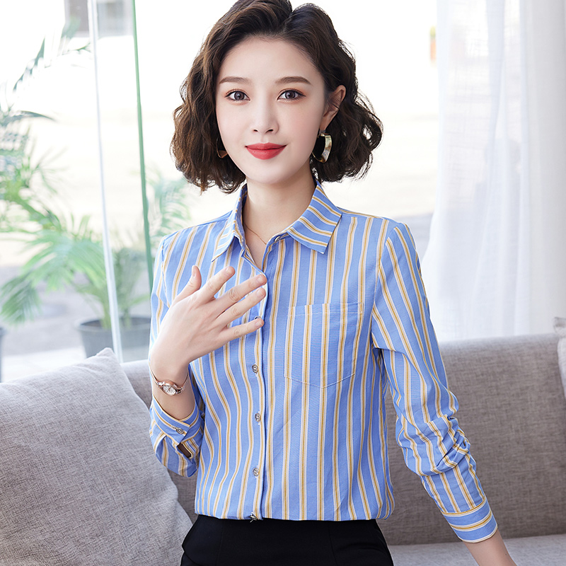 7398802.七玻威春秋条纹衬衫女长袖纯棉休闲百搭打底衫【七玻威女装1】