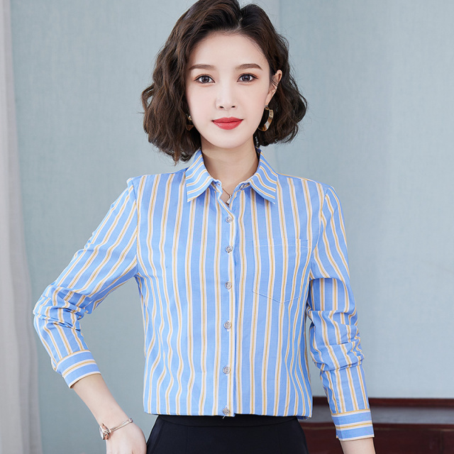 7398802.七玻威春秋条纹衬衫女长袖纯棉休闲百搭打底衫【七玻威女装1】