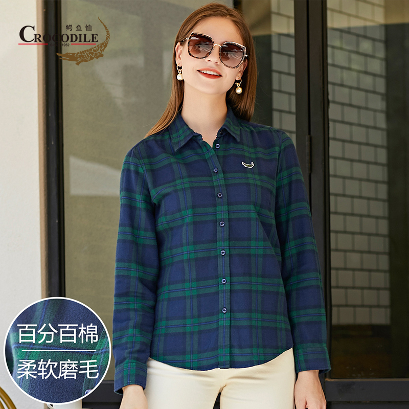 7401623.鳄鱼恤专柜款春秋新品纯棉磨毛格子舒适保暖女式衬衫女