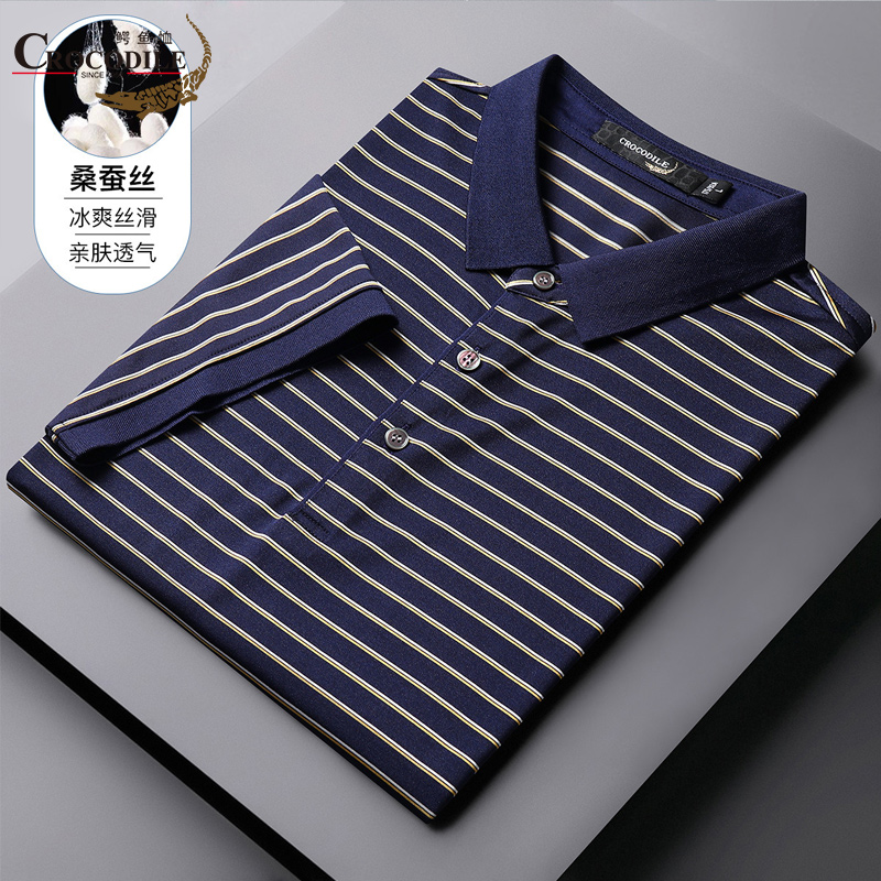 7438956.鳄鱼恤夏季新品条纹简约休闲翻领短袖男士T恤男