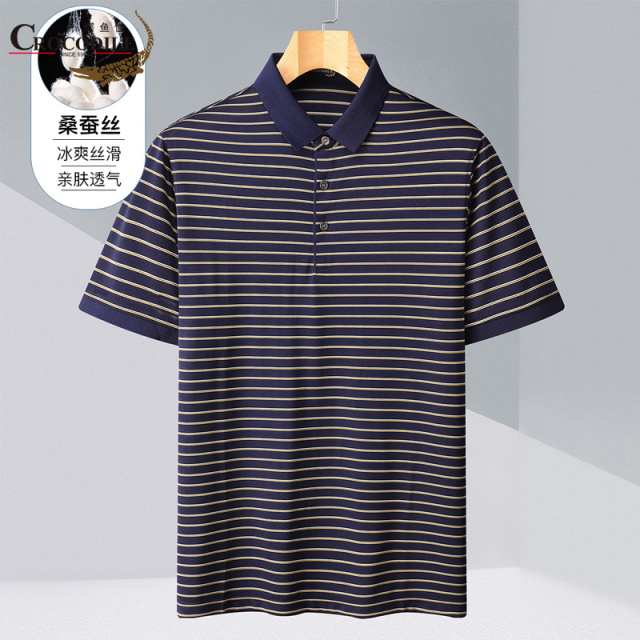7438956.鳄鱼恤夏季新品条纹简约休闲翻领短袖男士T恤男