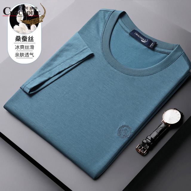 7469083.鳄鱼恤含桑蚕丝+天丝棉专柜款夏季柔软透气圆领短袖男士T恤男