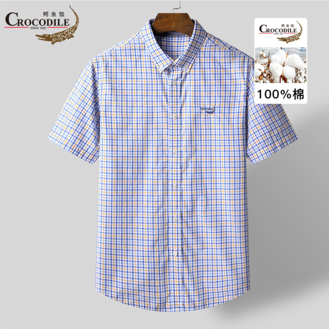 7469085.鳄鱼恤专柜款夏季新品100%棉百搭舒适格纹短袖男士衬衫男