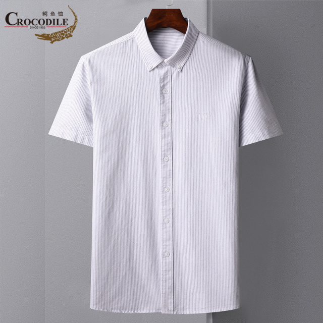 7473690.鳄鱼恤夏季新品100%棉商务条纹舒适短袖男士衬衫男