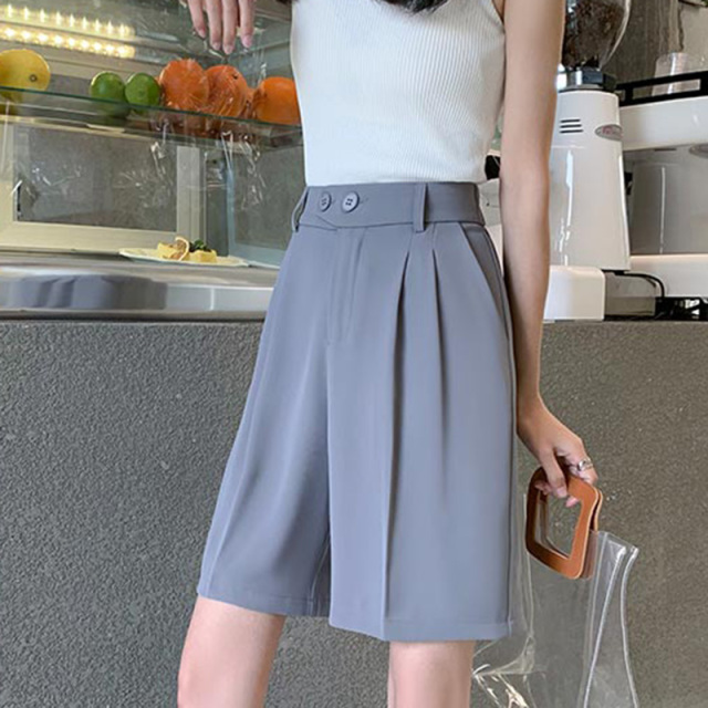 7502537.缘花双禧西装短裤女夏宽松垂感高腰薄款显瘦休闲阔腿五分裤