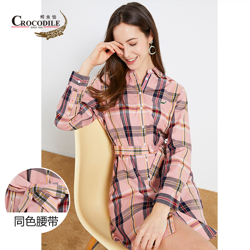 7547874.鳄鱼恤【专柜款】春夏纯棉轻薄舒适竖条纹腰带中长款衬衫连衣裙女