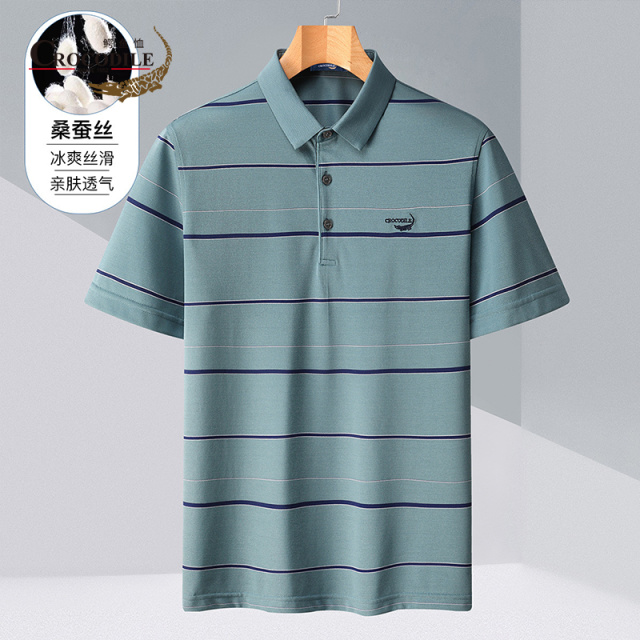 7592901.鳄鱼恤专柜款夏季新品含桑蚕丝条纹舒适翻领短袖男士t恤男