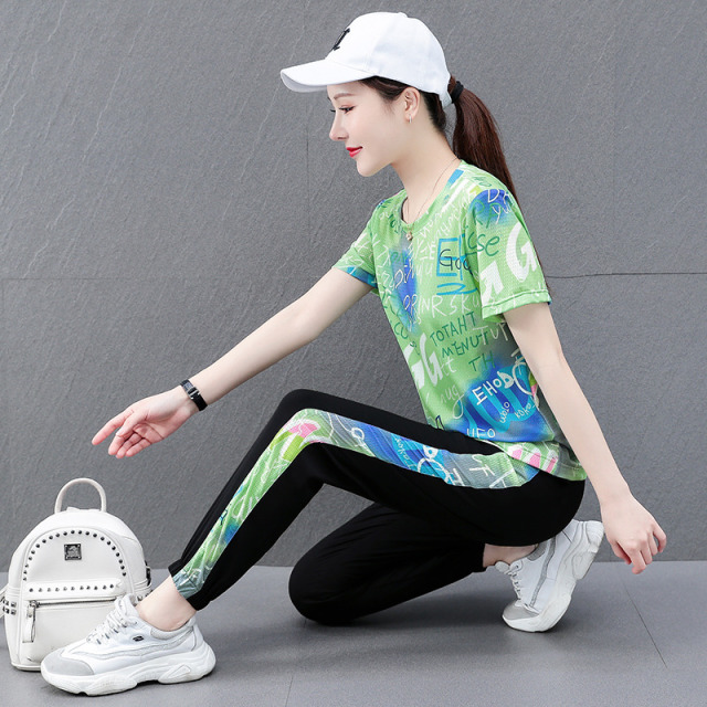 7633995.VPN 夏天运动套装女宽松韩版潮流短袖长裤印花显瘦洋气冰丝休闲两件套