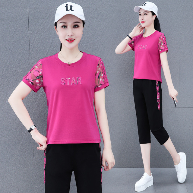 7633572.VPN 2022女套装大码运动服夏季短袖七分裤洋气时尚休闲装两件套