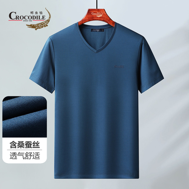 7637529.鳄鱼恤含桑蚕丝夏季丝光平纹基础百搭透气舒适V领短袖t恤男