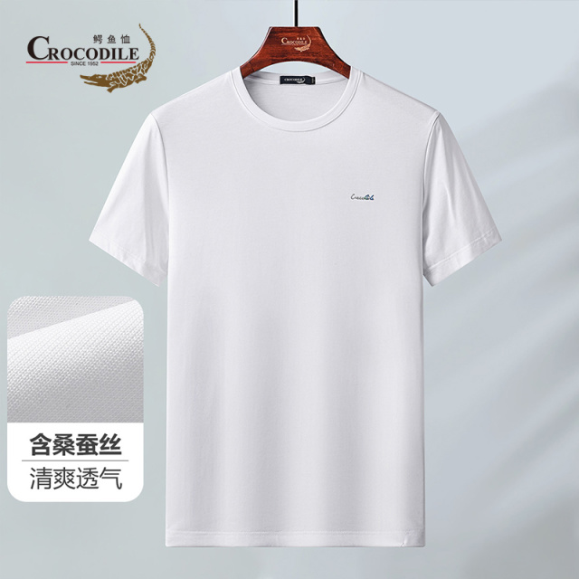 7637534.鳄鱼恤含桑蚕丝夏季丝光平纹基础百搭清爽透气圆领男式短袖t恤男