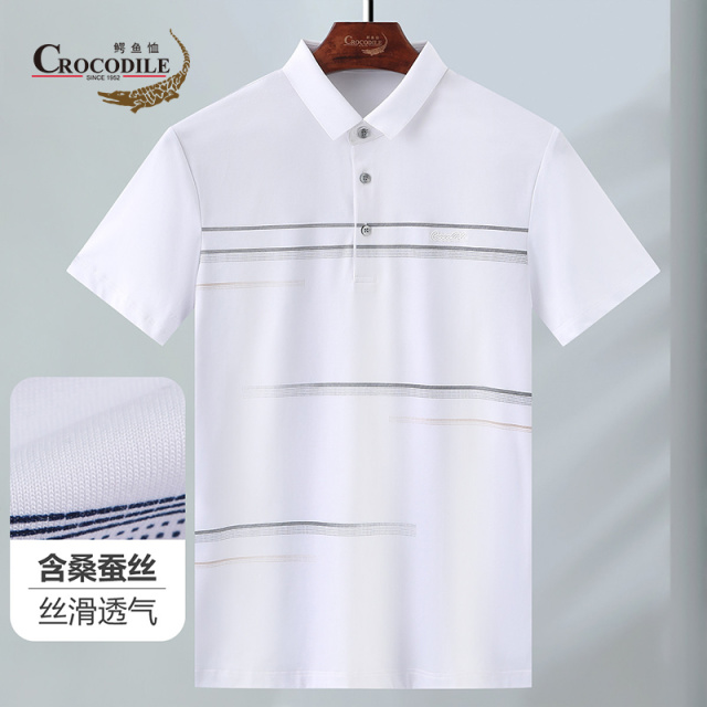 7637553.鳄鱼恤含桑蚕丝夏季平纹印花时尚透气定位条翻领男式短袖t恤男