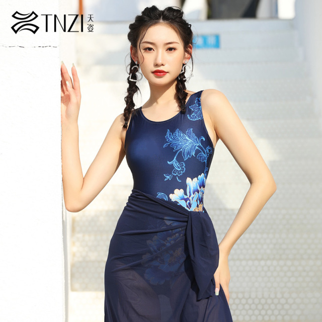 7666047.TNZI天姿连体三角泳衣女纱巾性感显瘦游泳馆露背保守遮肚竞技泳装