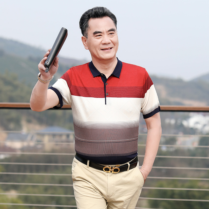 7671755.雄狮爸爸短袖T恤宽松夏装中年男士上衣服夏季父亲老人Polo衫