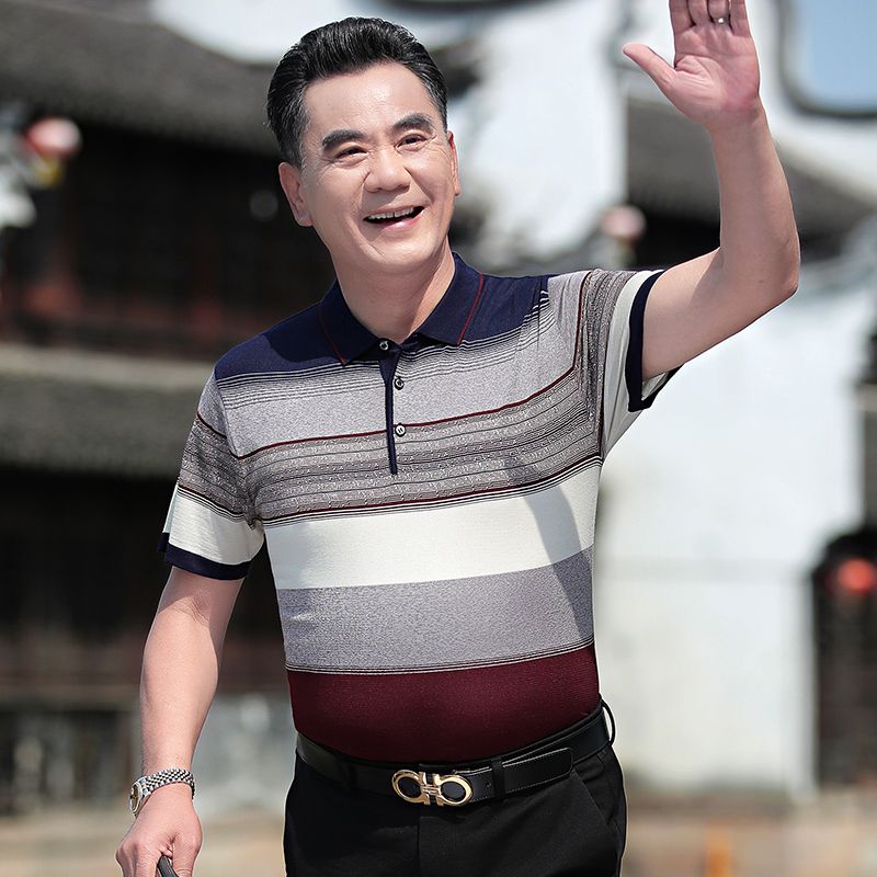 7671463.雄狮中老年人夏装男士短袖t恤针织宽松爸爸上衣体恤爷爷装