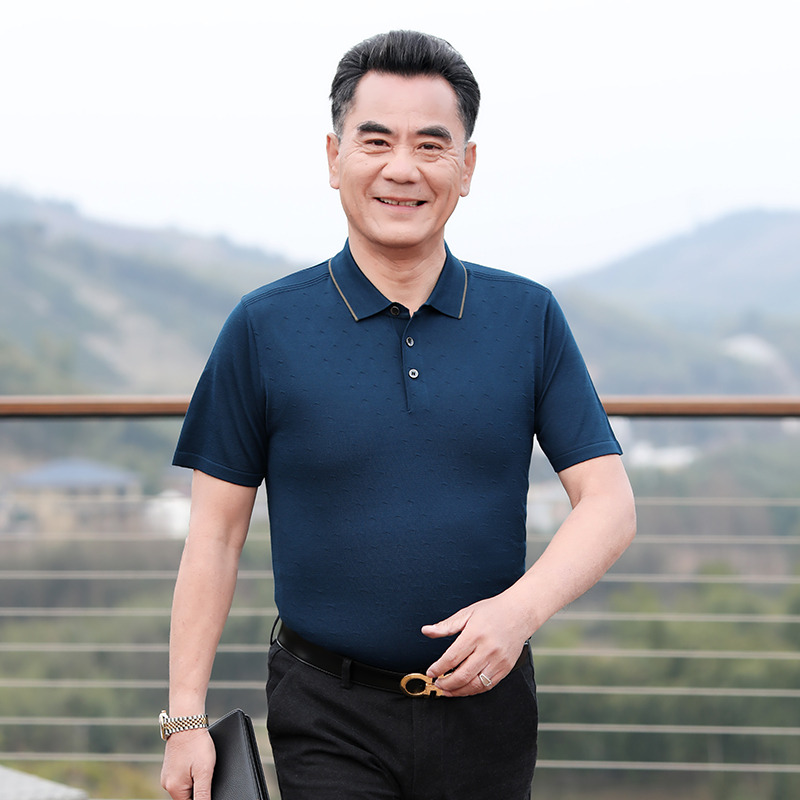 7671353.雄狮短袖T恤男夏季Polo衫男中老年宽松大码针织衫爸爸装