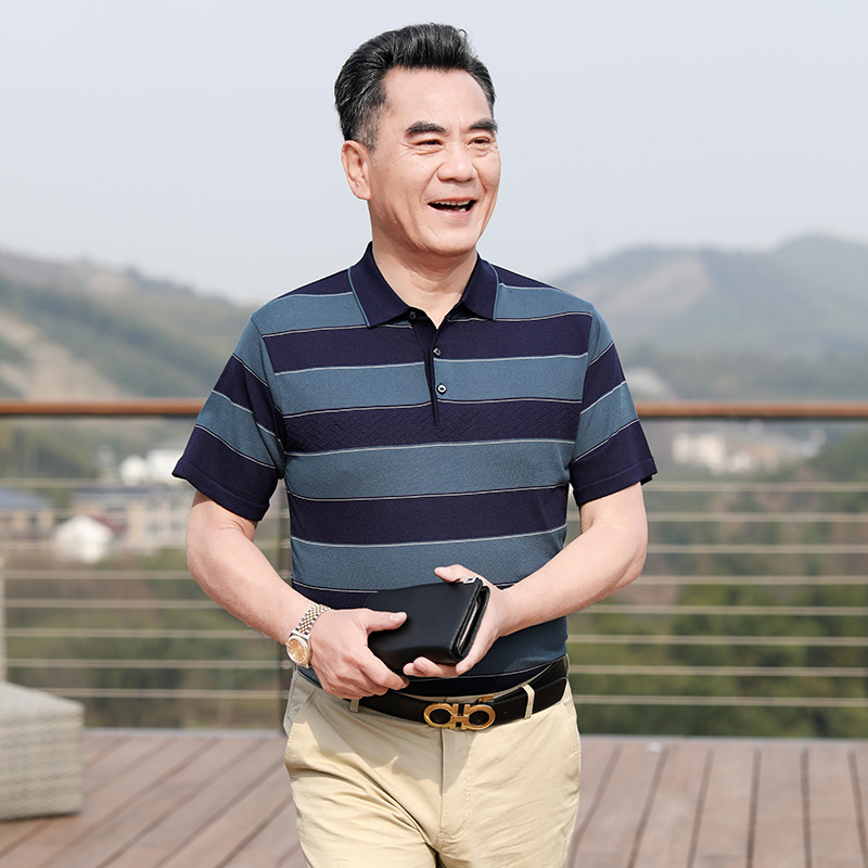 7671396.雄狮中老年短袖T恤男宽松半袖爸爸装条纹针织衫丅恤