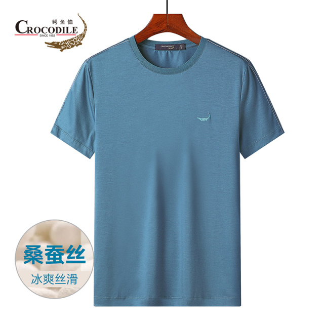 7669236.鳄鱼恤含桑蚕丝+天丝棉夏季柔软透气舒适圆领短袖男士t恤男