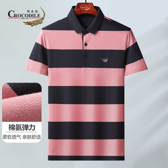7669267.鳄鱼恤优选夏季新品棉弹透气休闲撞色宽条纹男式短袖Polo衫男
