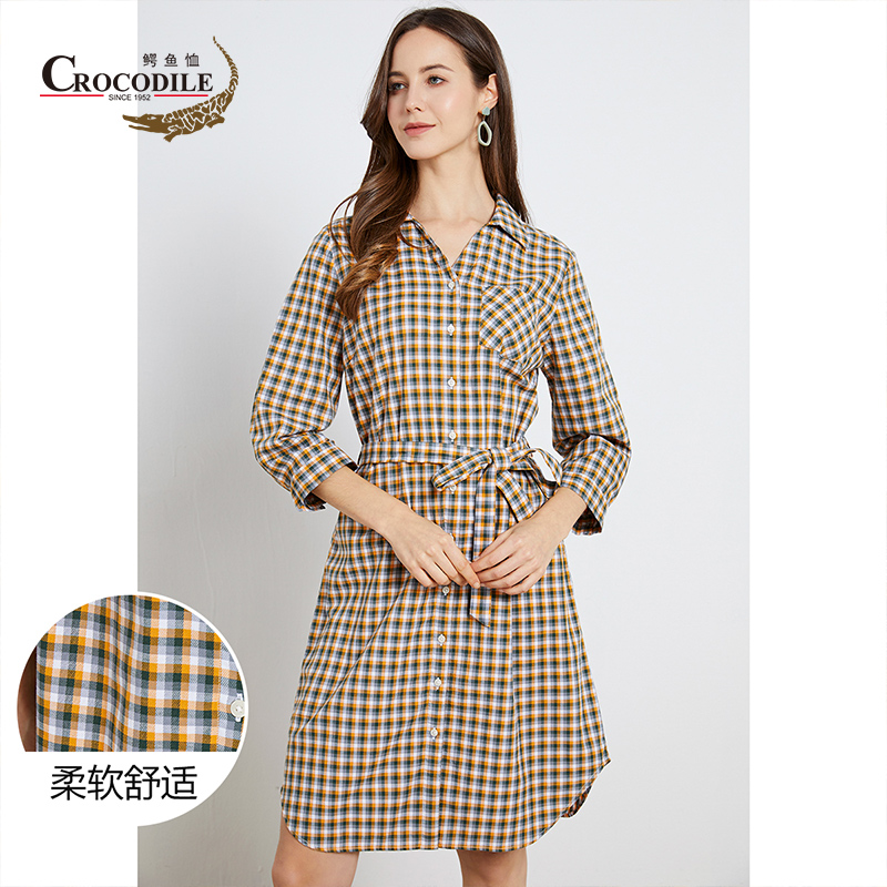 7669497.鳄鱼恤【专柜款】夏季新品纯棉轻薄时尚格腰带子长款衬衫连衣裙女