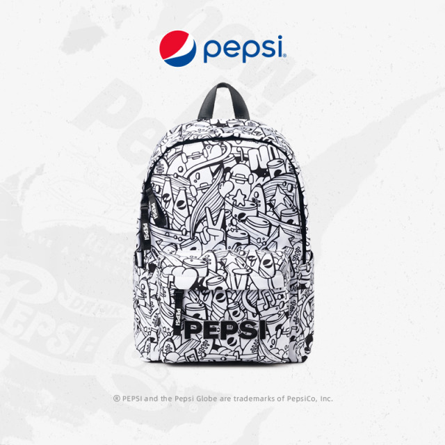 7673258.【出游推荐】Pepsi百事 满印涂鸦系列原创潮酷LOGO大容量防水书包旅行包 黑白