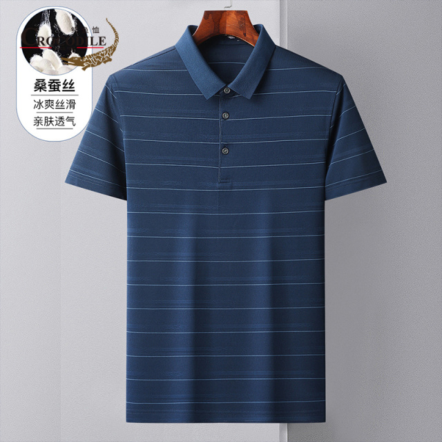 7687252.鳄鱼恤夏季新品含桑蚕丝条纹商务休闲翻领短袖男士t恤男