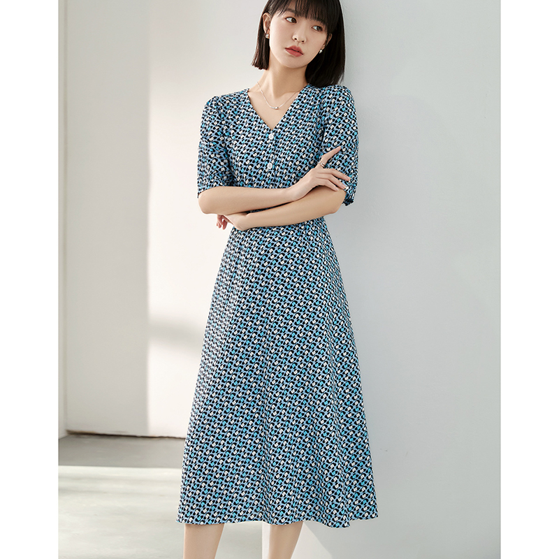 13616469.瑞品集团JEANS豹纹印花收腰连衣裙夏款V领短袖橡筋抽褶裙子女A字连衣裙