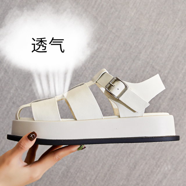 7778384.墨斯本2022夏季新款女士真皮包头罗马凉鞋女休闲厚底猪笼鞋时尚编织女鞋3678